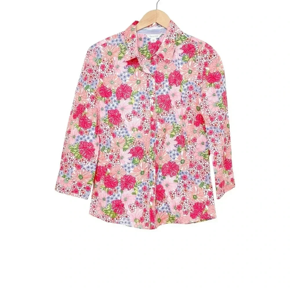 Garnet Hill Pink Floral Button Up Shirt 3/4 Sleeve Size 2